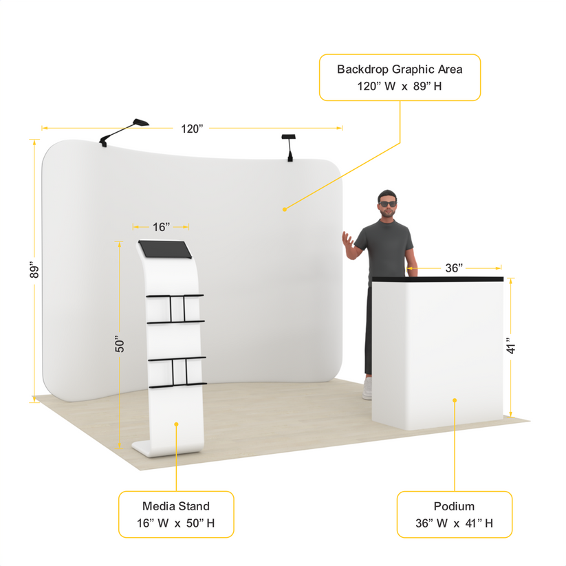 10ft Curved Tension Fabric Trade Show Display with Media Stand & Podium – TensionMax™