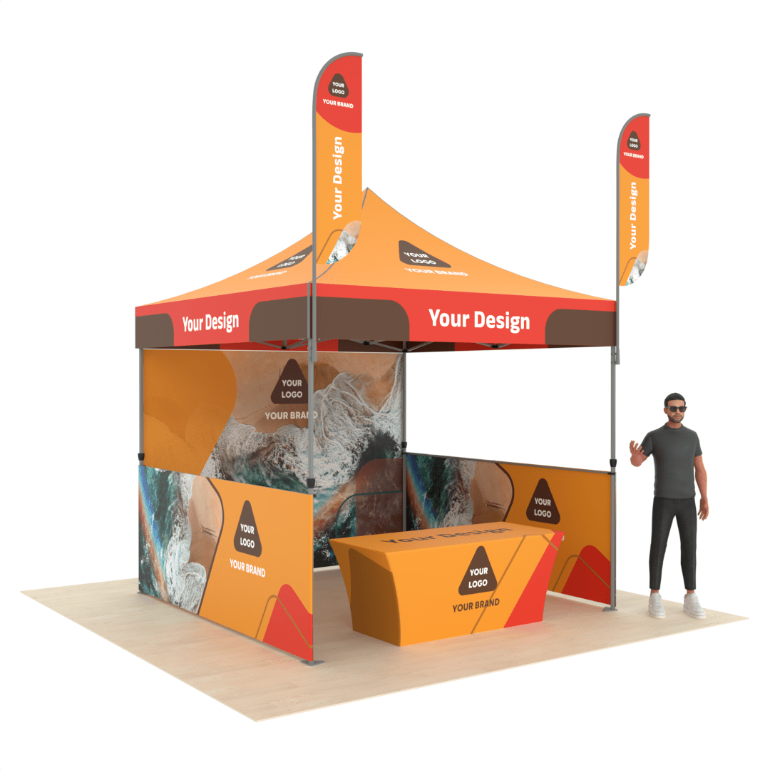canopy tent with company logo Branded Popup Tent with Custom Canopy Design, 3 Walls, Table Cover & 2 Flags