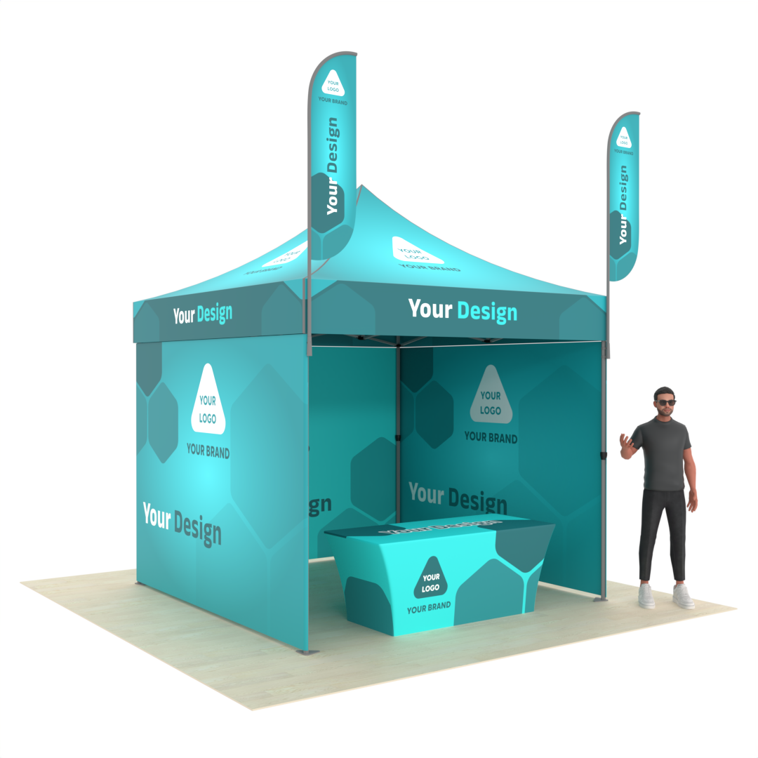 Marketing Tent with Branded Canopy, Full Walls, Table Cover & 2 Flags