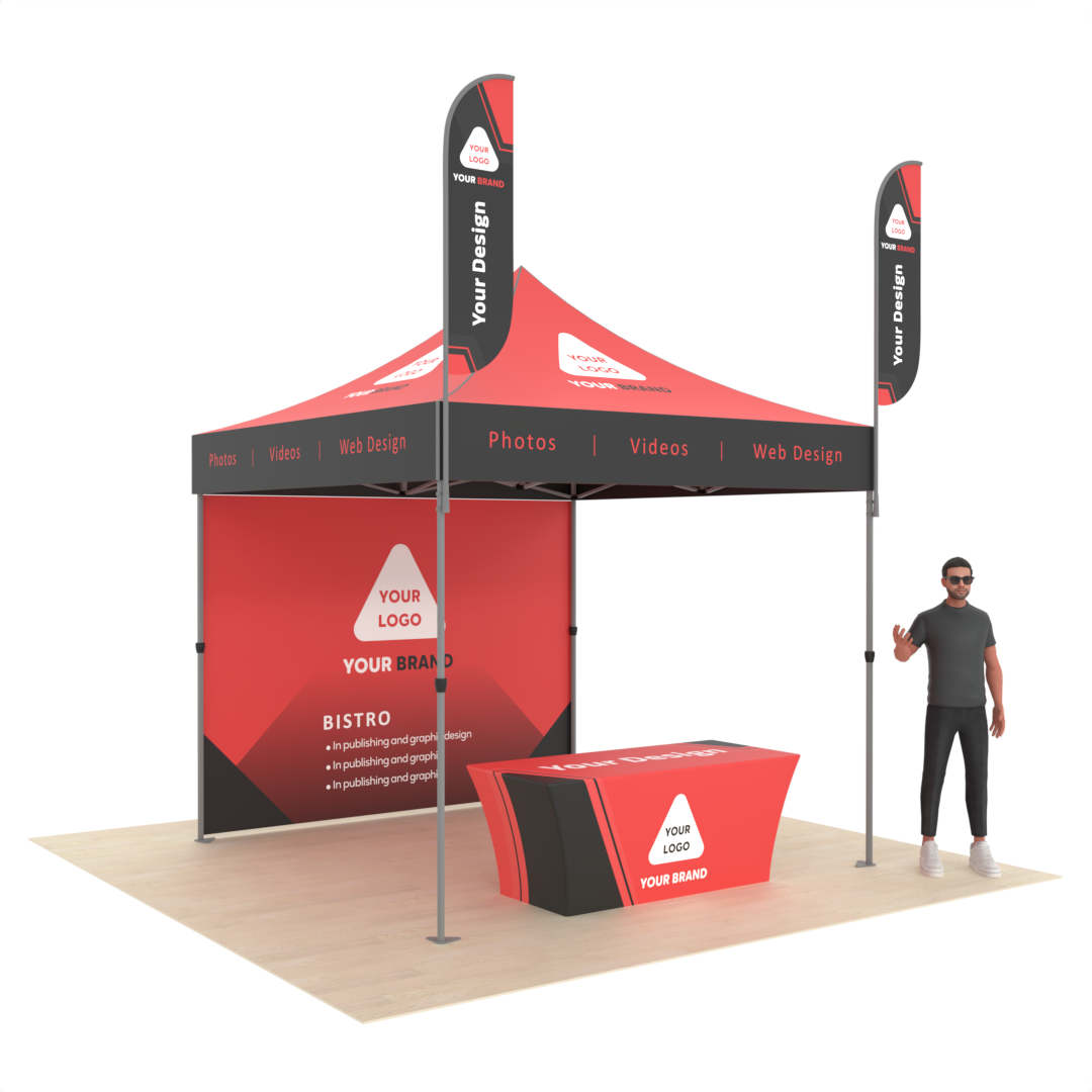 Custom Business Tent with Printed Logo, Back Wall, Table Cover & 2 Flags