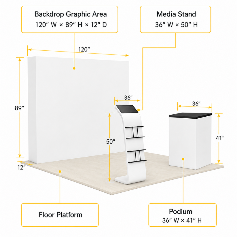10ft QuickPop Straight + Podium + Media Stand