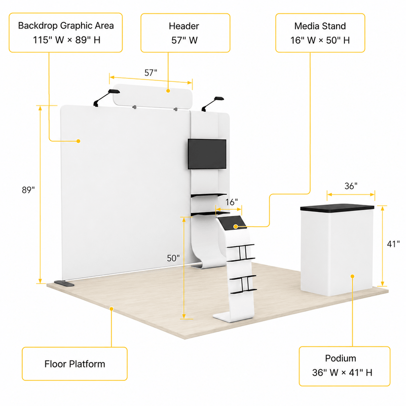 10ft TensionMax Straight + Podium + Media Stand + TV Stand + Header