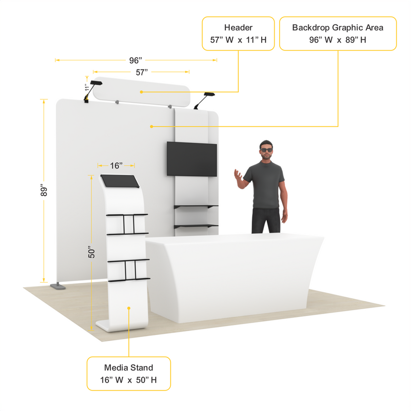 8ft Straight Tension Fabric Trade Show Booth Kit with TV Stand, Table Cover & Media Stand – TensionMax™