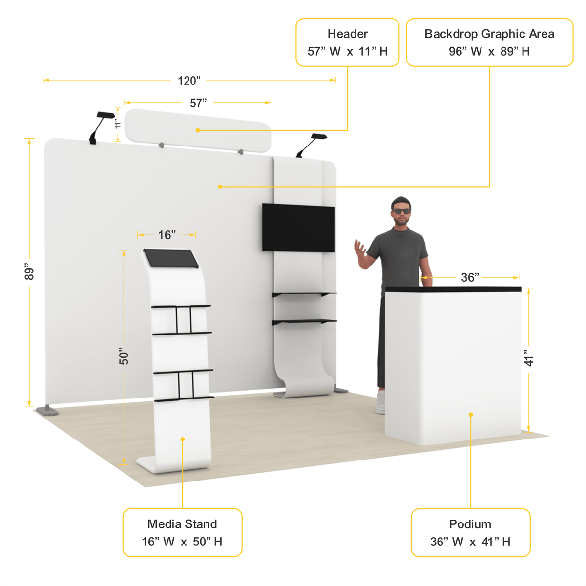10ft TensionMax Straight + Podium + Media Stand + TV Stand + Header - ExpoPrint