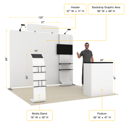 10ft TensionMax Straight + Podium + Media Stand + TV Stand + Header - ExpoPrint