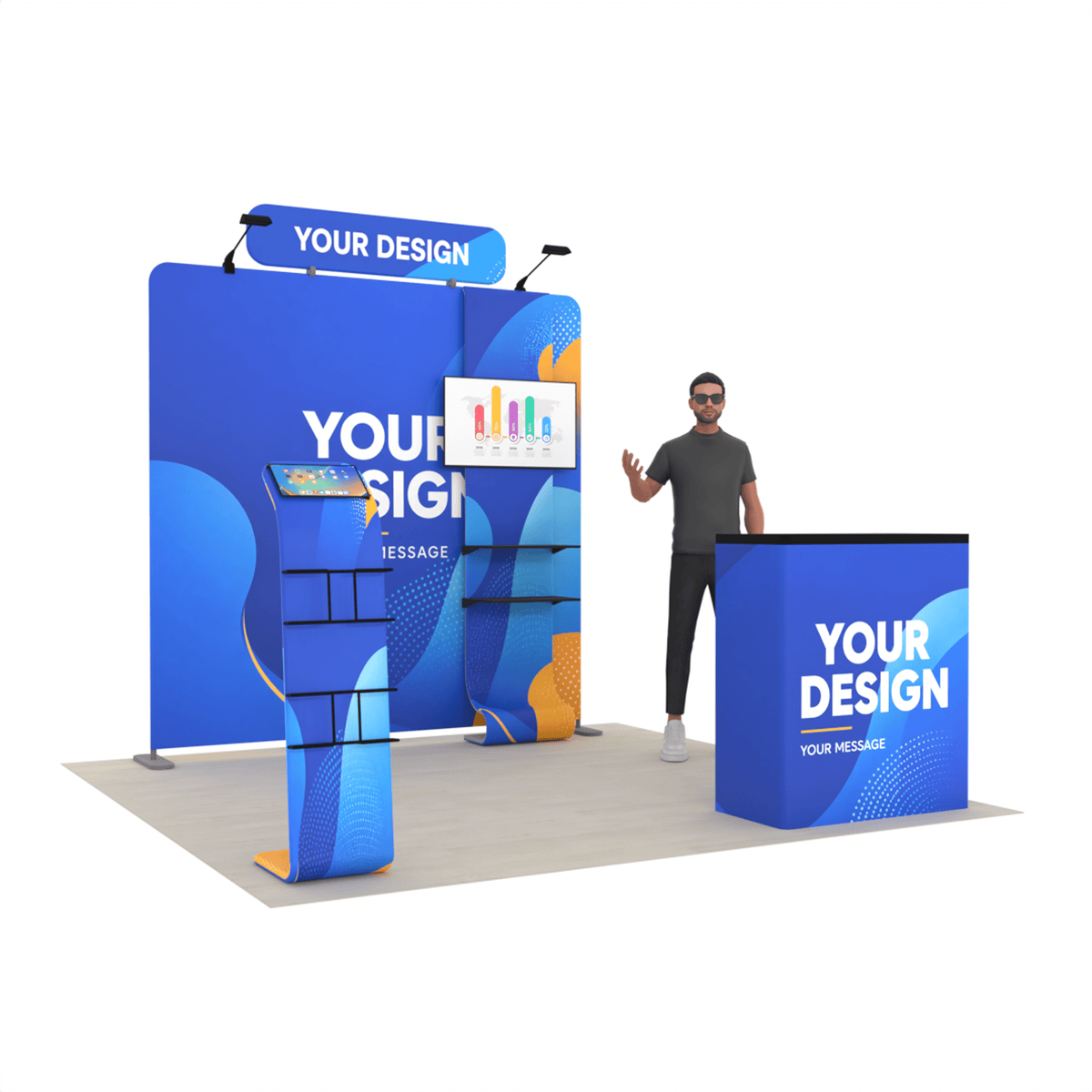 8ft TensionMax Straight + Podium + Media Stand + TV Stand + Header - ExpoPrint