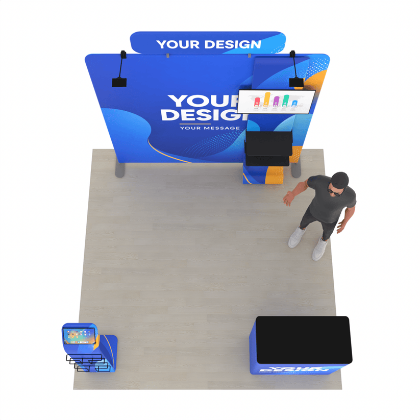 8ft TensionMax Straight + Podium + Media Stand + TV Stand + Header - ExpoPrint