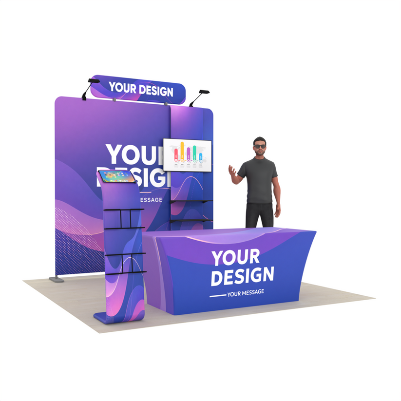 8ft Straight Tension Fabric Trade Show Booth Kit with TV Stand, Table Cover & Media Stand – TensionMax™