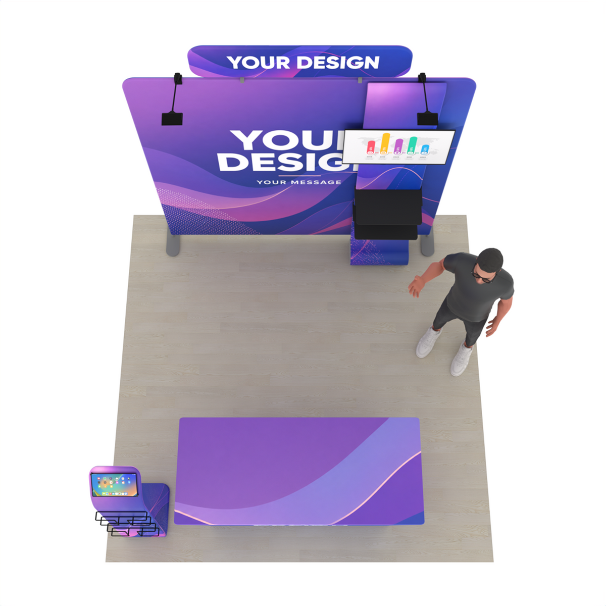 8ft Straight Tension Fabric Trade Show Booth Kit with TV Stand, Table Cover & Media Stand – TensionMax™