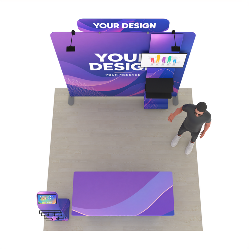 8ft Straight Tension Fabric Trade Show Booth Kit with TV Stand, Table Cover & Media Stand – TensionMax™