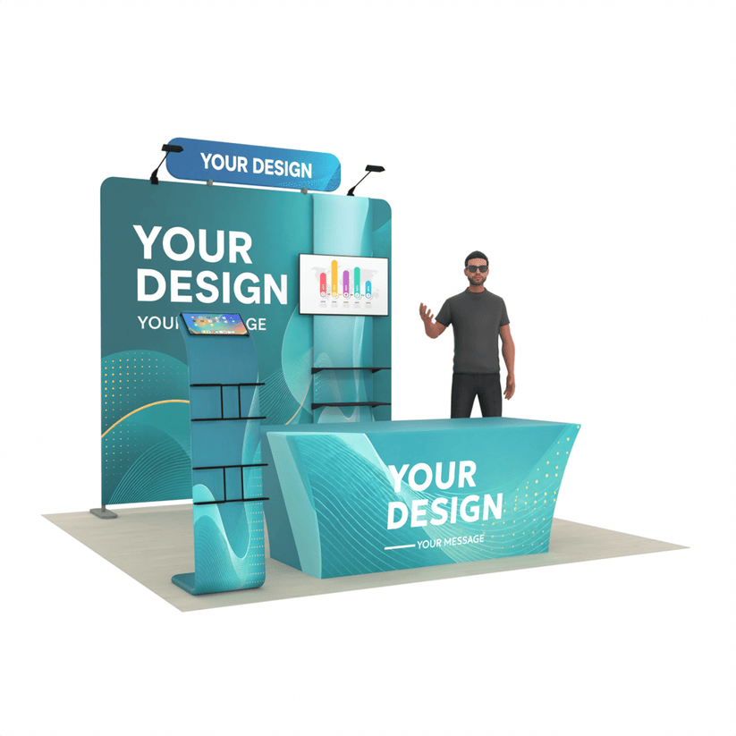 8ft TensionMax Straight + Table Covers + Media Stand + TV Stand + Header - ExpoPrint
