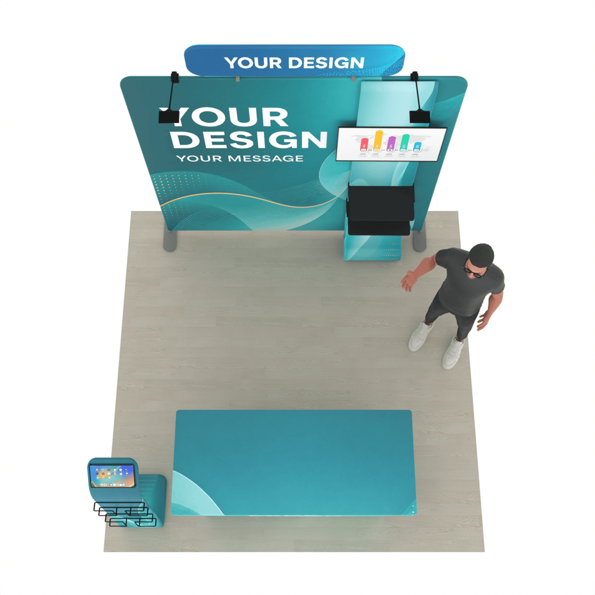 8ft TensionMax Straight + Table Covers + Media Stand + TV Stand + Header - ExpoPrint