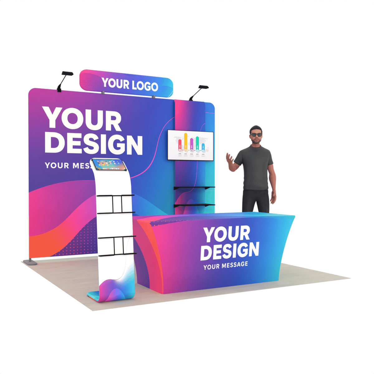 10ft TensionMax Straight + Table Covers + Media Stand + TV Stand + Header - ExpoPrint