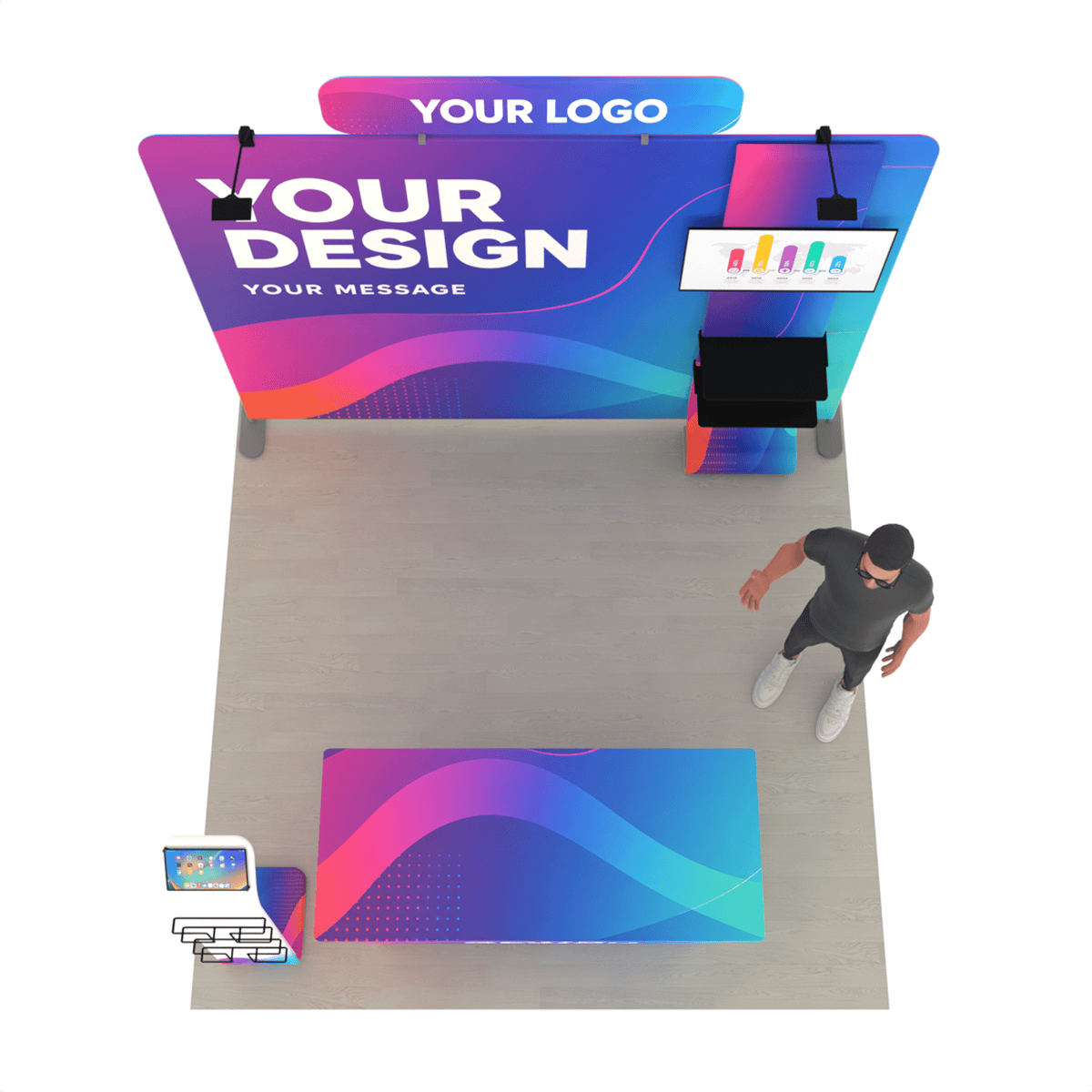 10ft TensionMax Straight + Table Covers + Media Stand + TV Stand + Header - ExpoPrint
