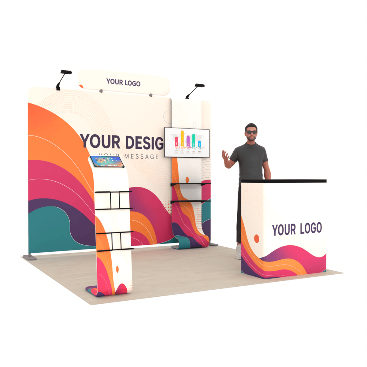 10ft TensionMax Straight + Podium + Media Stand + TV Stand + Header - ExpoPrint