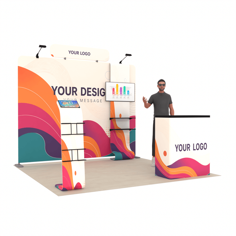 10ft TensionMax Straight + Podium + Media Stand + TV Stand + Header - ExpoPrint