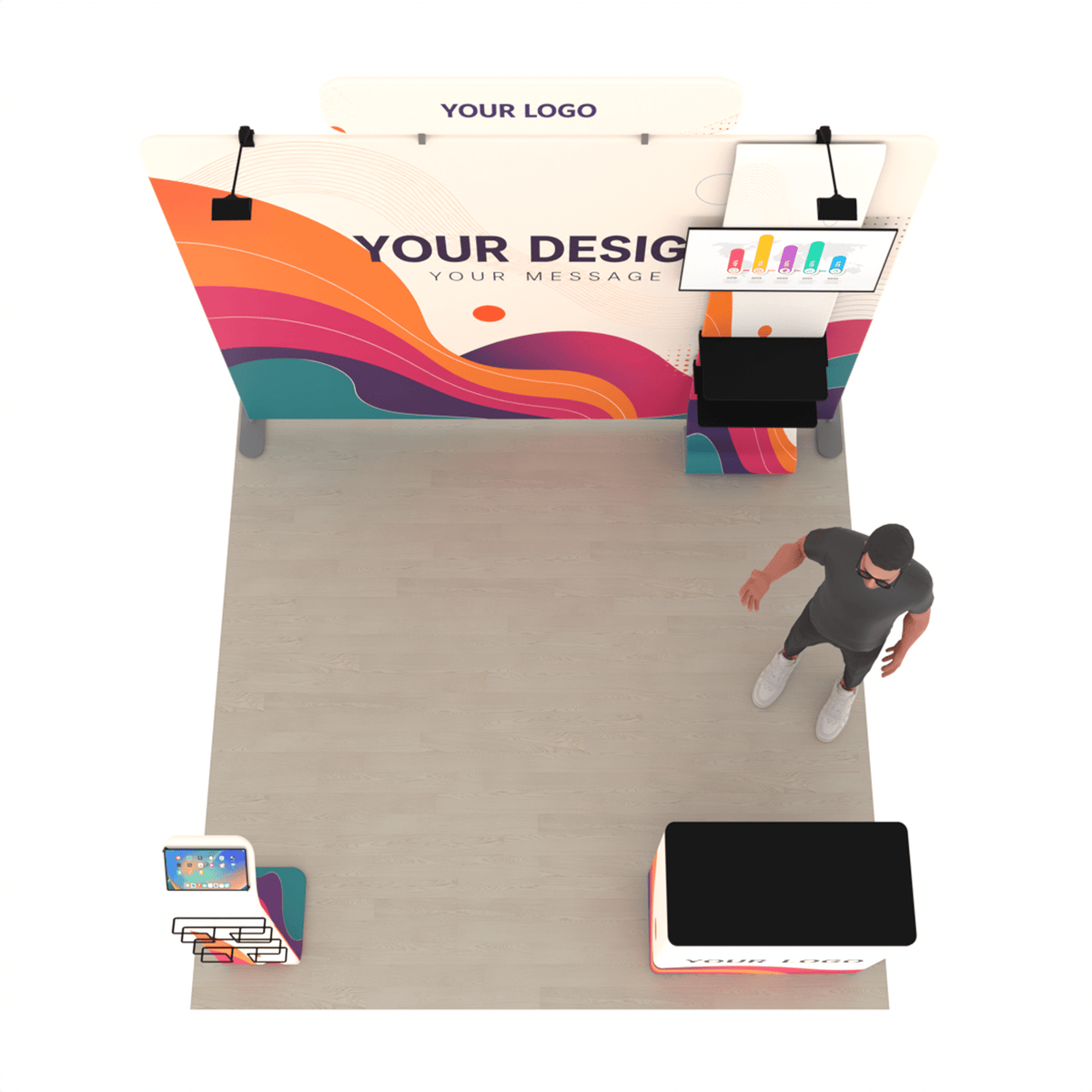 10ft TensionMax Straight + Podium + Media Stand + TV Stand + Header - ExpoPrint