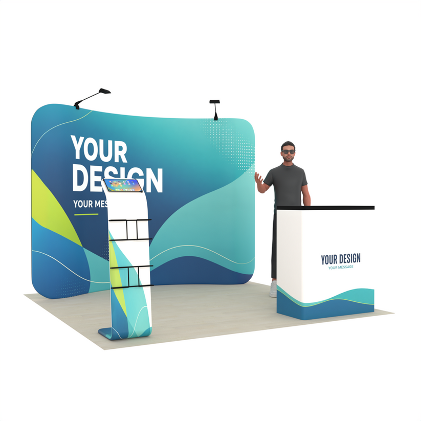 10ft Curved Tension Fabric Trade Show Display with Media Stand & Podium – TensionMax™