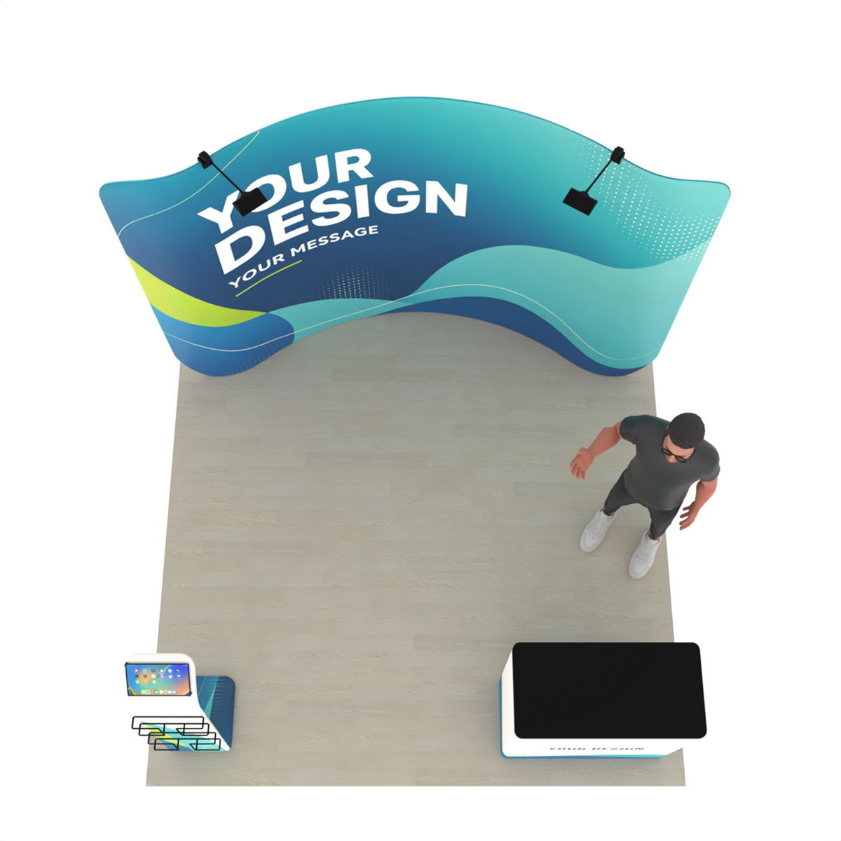 10ft Curved Tension Fabric Trade Show Display with Media Stand & Podium – TensionMax™