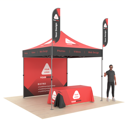 Custom Business Tent with Printed Logo, Back Wall, Table Throw & 2 Flags