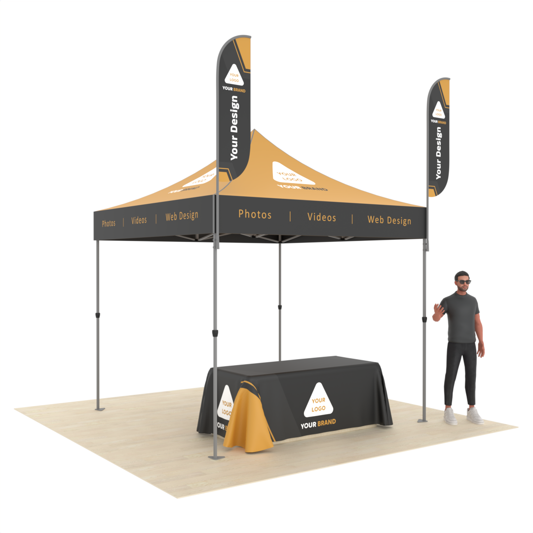 Custom Printed Commercial Canopy Tent with Table Throw & 2 Feather Flags