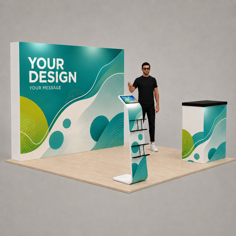 10ft QuickPop Straight + Podium + Media Stand