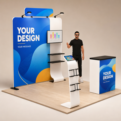 8ft TensionMax Straight + Podium + Media Stand + TV Stand + Header