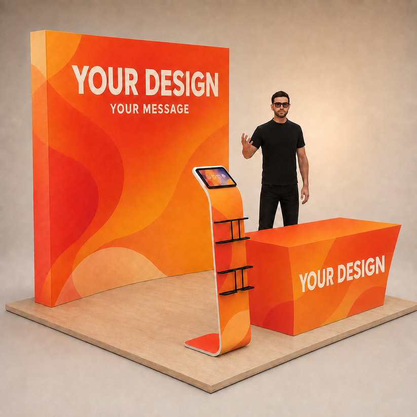8ft QuickPop Straight + Table Covers + Media Stand