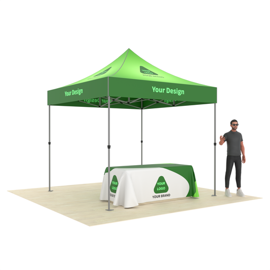 Commercial Vendor Popup Tent with Custom Canopy Design & Table Throw