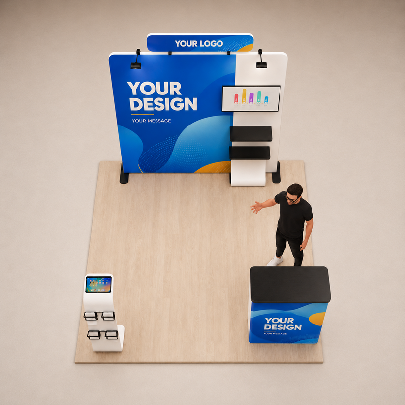 8ft TensionMax Straight + Podium + Media Stand + TV Stand + Header