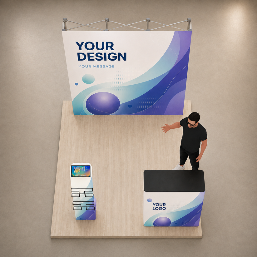 8ft QuickPop Straight + Podium + Media Stand