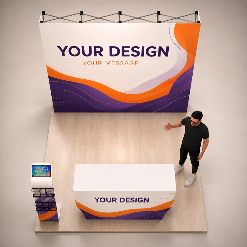 10ft QuickPop Straight + Table Covers + Media Stand