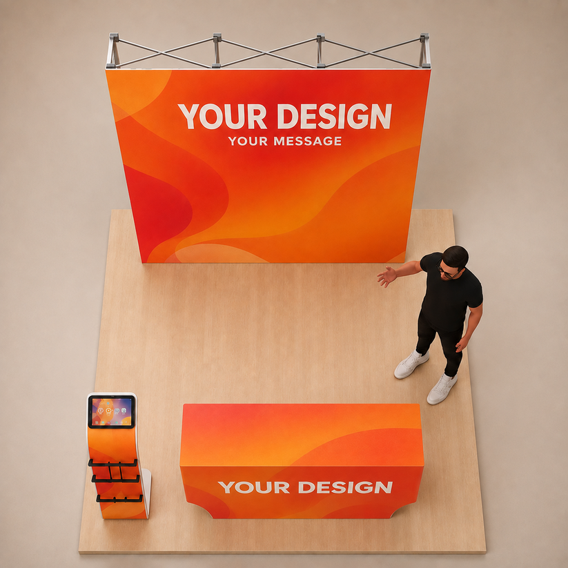 8ft QuickPop Straight + Table Covers + Media Stand