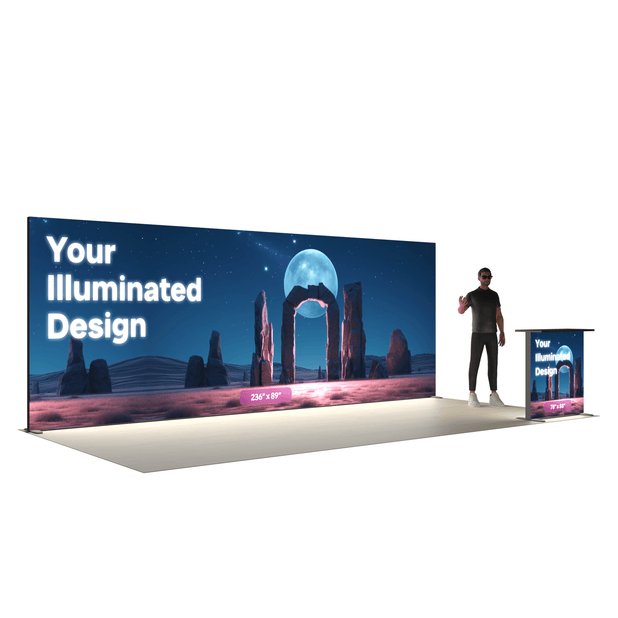 20ft Backlit SEG Lightbox Trade Show Booth with Illuminated Counter - ExpoPrint