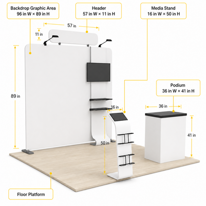 8ft TensionMax Straight + Podium + Media Stand + TV Stand + Header