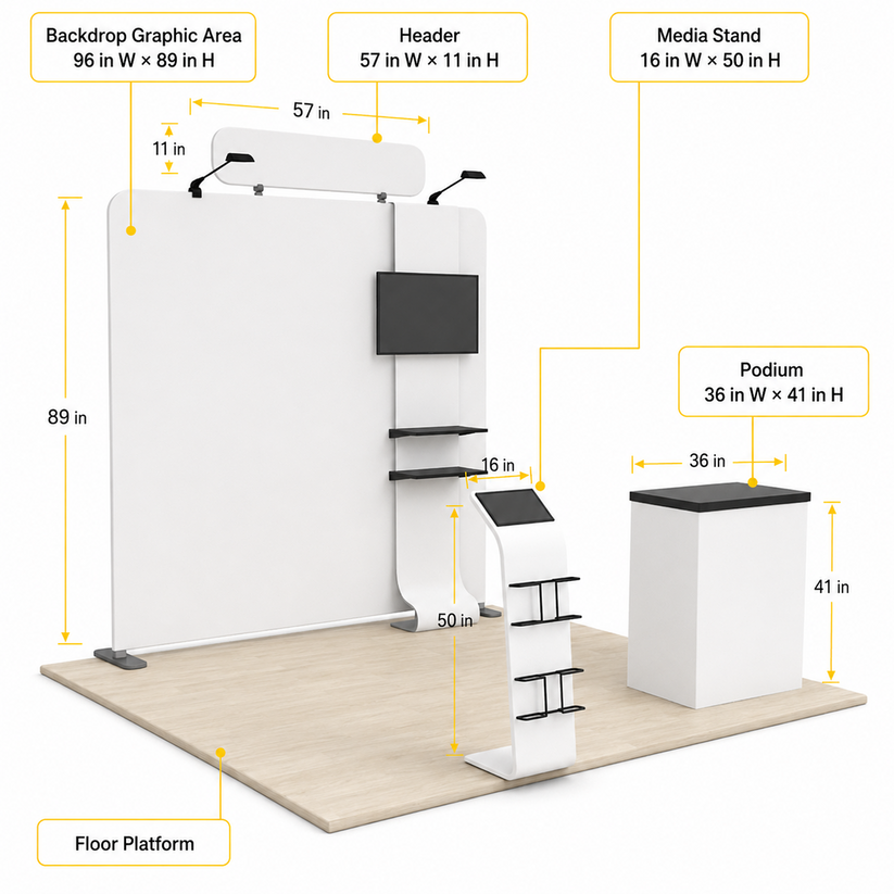 8ft TensionMax Straight + Podium + Media Stand + TV Stand + Header
