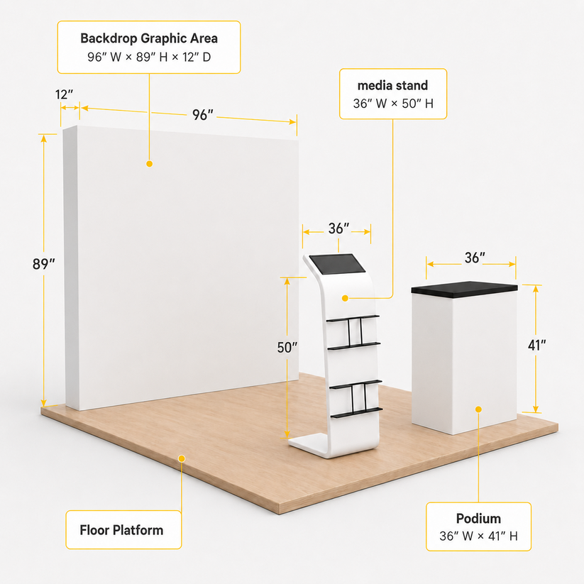 8ft QuickPop Straight + Podium + Media Stand