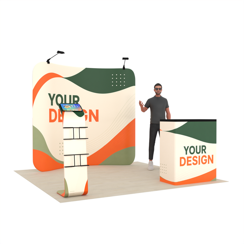 8ft Curved Tension Fabric Trade Show Display with Podium & Media Stand – TensionMax™