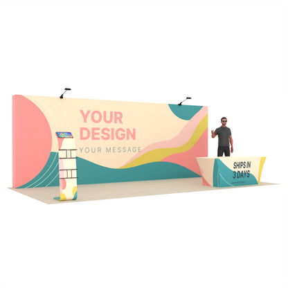 20ft Straight Pop-Up Trade Show Booth Kit with Table Cover & Media Stand – QuickPop™ Booth