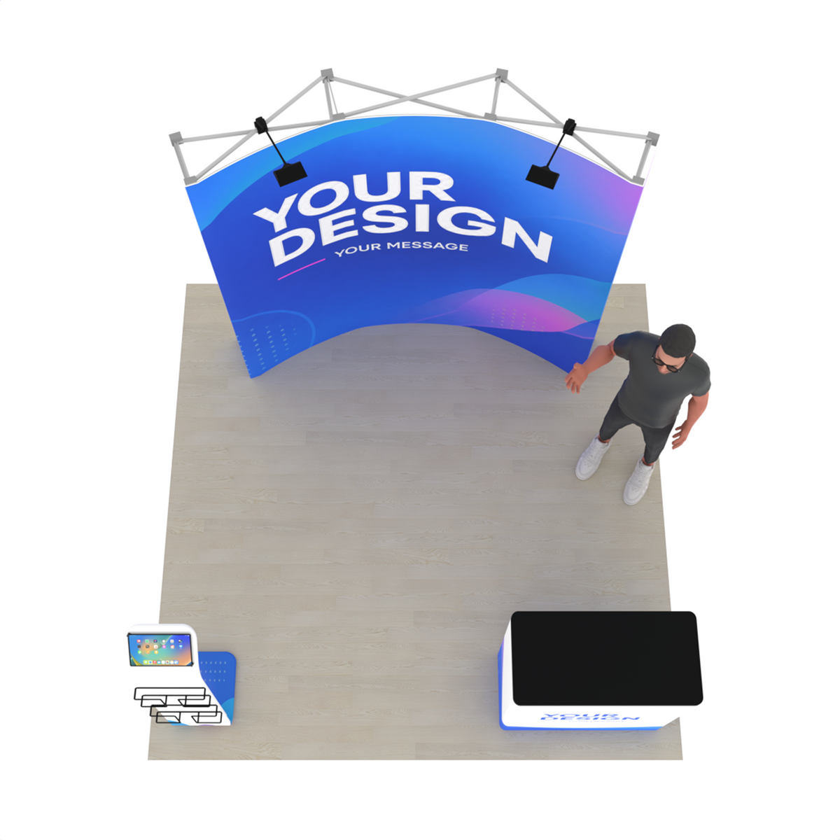 8ft Curved Pop-Up Trade Show Display with Media Stand & Podium – QuickPop™