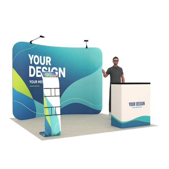 10ft Curved Tension Fabric Trade Show Display with Media Stand & Podium – TensionMax™