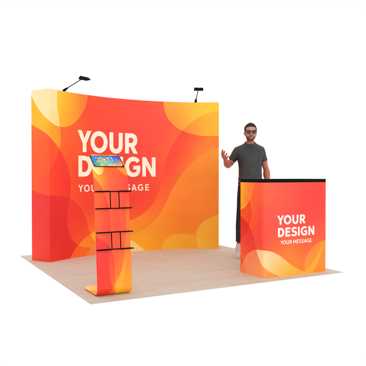 10ft Curved Pop-Up Trade Show Display with Customizable Podium & Media Stand– QuickPop™
