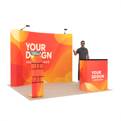 10ft Curved Pop-Up Trade Show Display with Customizable Podium & Media Stand– QuickPop™