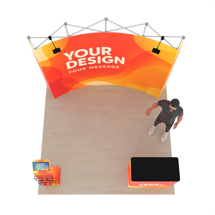 10ft Curved Pop-Up Trade Show Display with Customizable Podium & Media Stand– QuickPop™