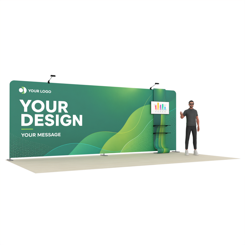 20ft Straight Tension Fabric Trade Show Booth Kit with TV Stand – TensionMax™