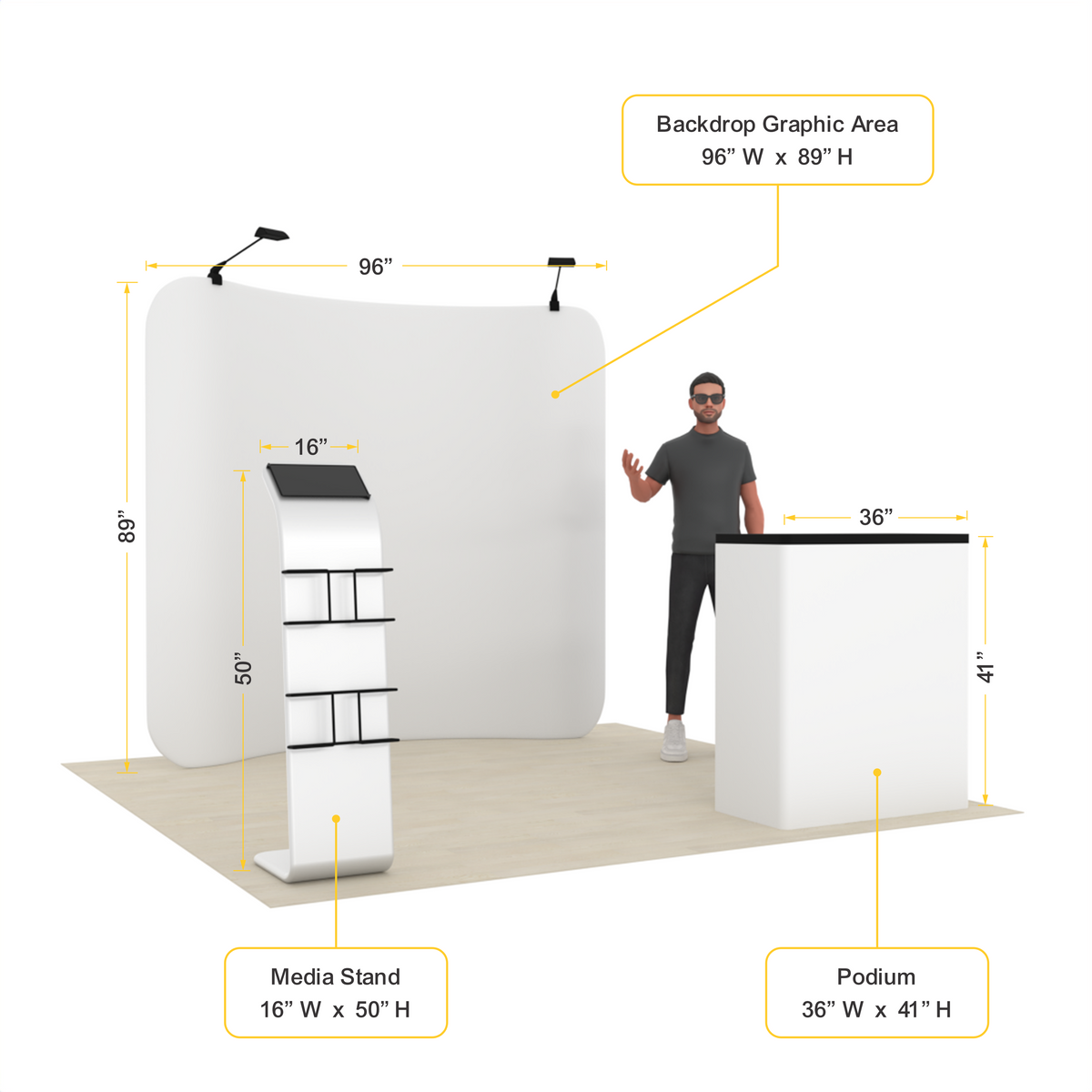 8ft Curved Tension Fabric Trade Show Display with Podium & Media Stand – TensionMax™