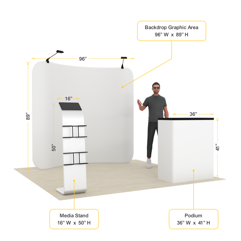 8ft Curved Tension Fabric Trade Show Display with Podium & Media Stand – TensionMax™