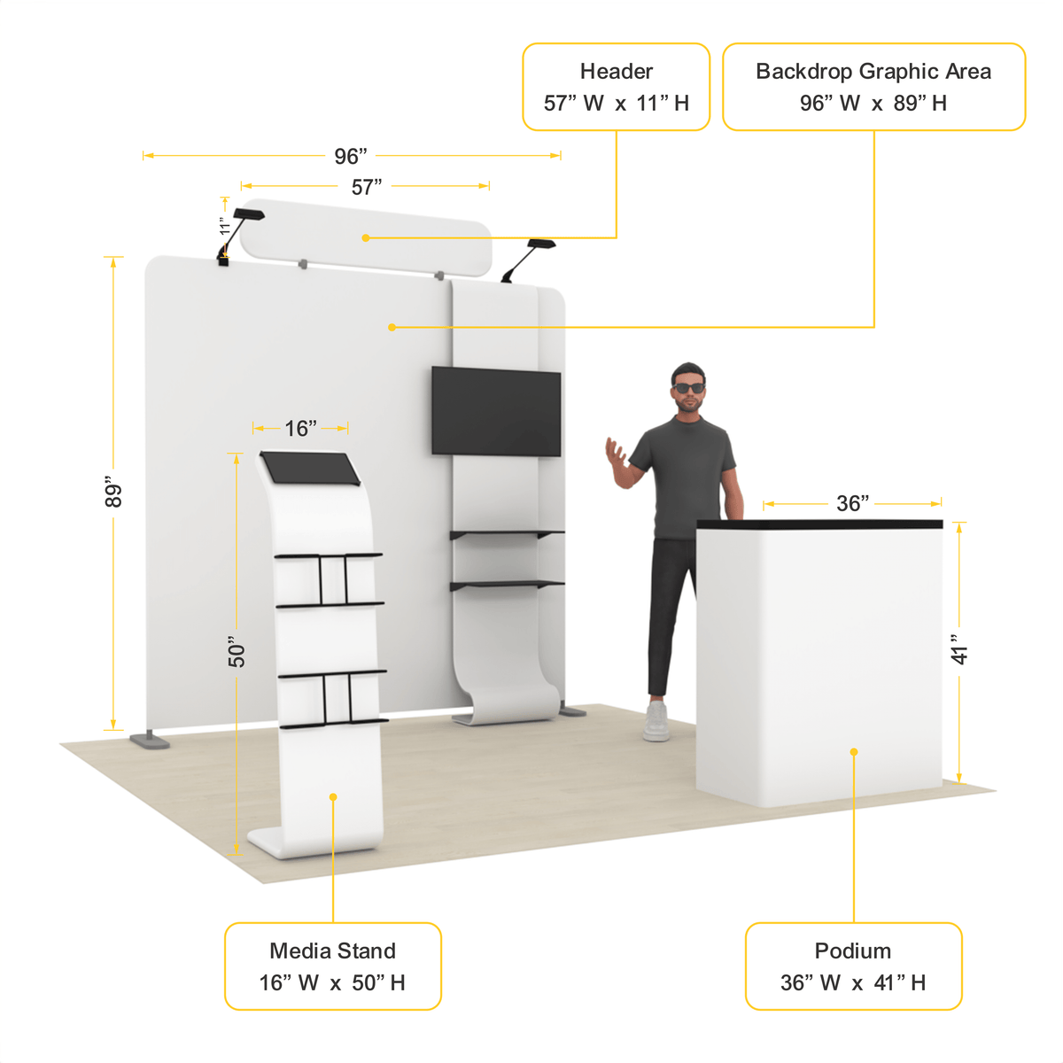 8ft TensionMax Straight + Podium + Media Stand + TV Stand + Header - ExpoPrint