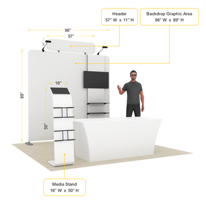8ft Straight Tension Fabric Trade Show Booth Kit with TV Stand, Table Cover & Media Stand – TensionMax™