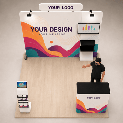 10ft TensionMax Straight + Podium + Media Stand + TV Stand + Header